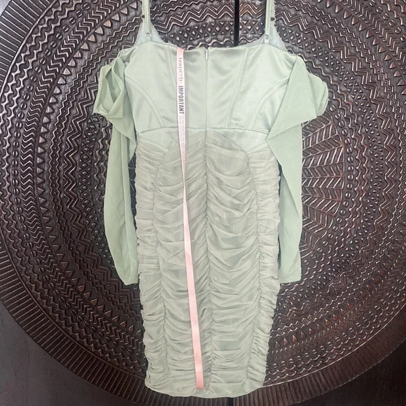House of CB Freyja Satin Ruched Long Sleeve Body-Con Dress medium m green - Picture 6 of 11